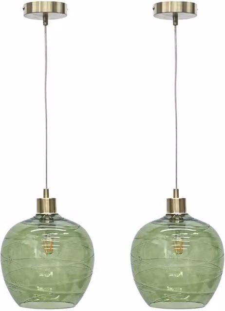 First Choice Lighting Leah Set of 2 Green Ripple Glass Globe Pendant Lights with Satin Brass Fittings – 1
