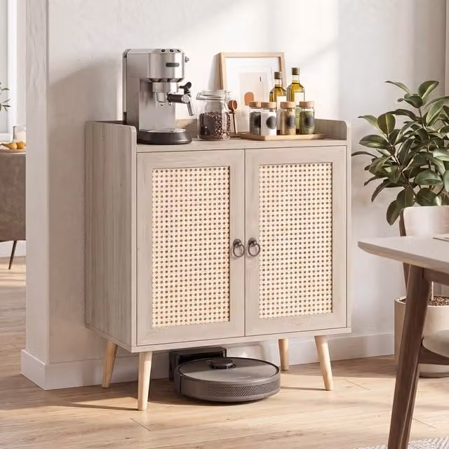 Costway Boho Rattan and Pine Wood Coffee Bar Cabinet in Brown with Metal Accents