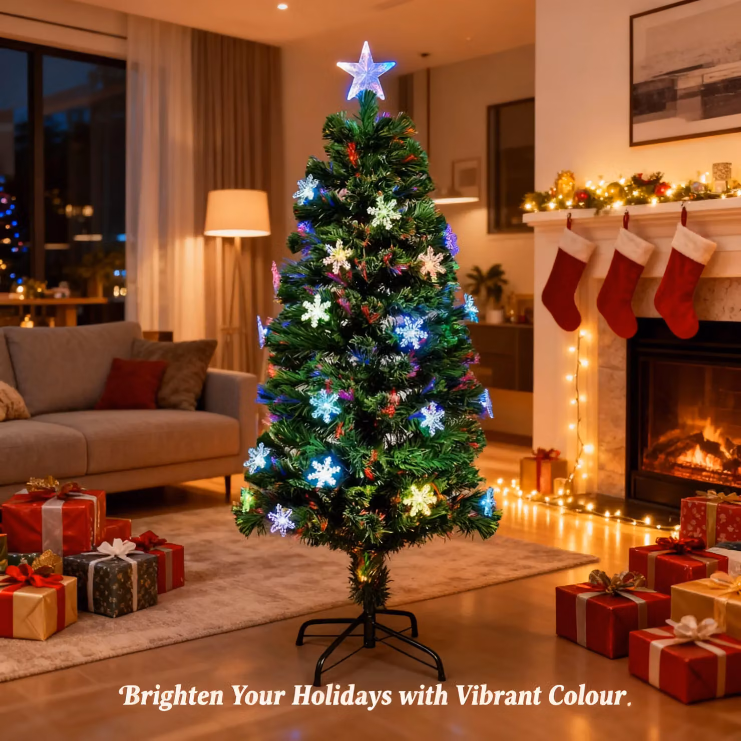 Shatchi Snowflakes Fibre Optic LED Pre-Lit Christmas Tree in Green with Multicolour Lights, Height: 120 cm – 2