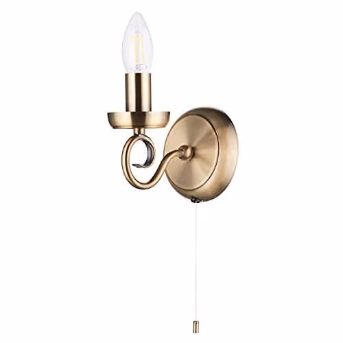 Happy Homewares Vintage Brass Wall Light Fitting with Pull Chain and Glass Shade, W/D/H: 17 x 14 x 12 cm – 1