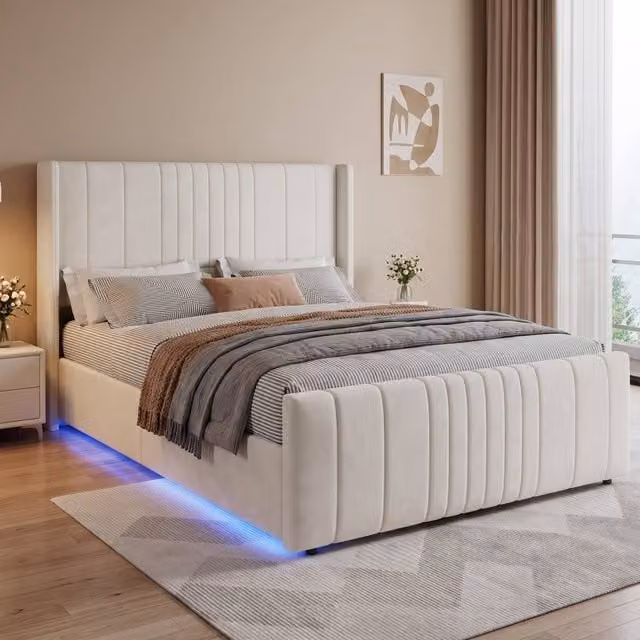 STILVORA Double Ottoman Bed with Storage and LED Lighting, Beige Velvet Upholstered, W/D/H: 140 x 200 x 135 cm