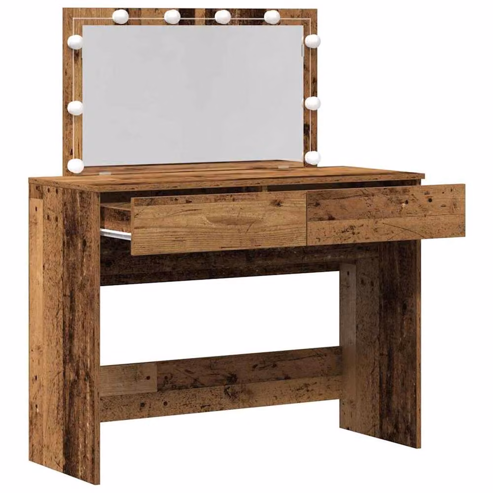 Berkfield Home Rustic Wood Dressing Table with Hollywood LED Mirror in Brown, W/D/H: 100 x 40 x 120 cm – 3
