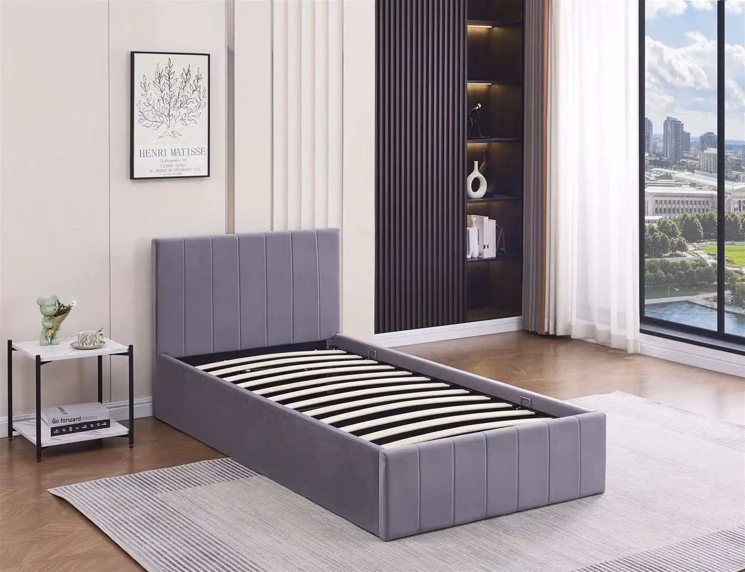 Kosy Koala Grey Velvet Ottoman Bed with Gas Lift Storage and Striped Pattern Single Mattress, W: 100 cm, D: 200 cm, H: 85 cm – 2