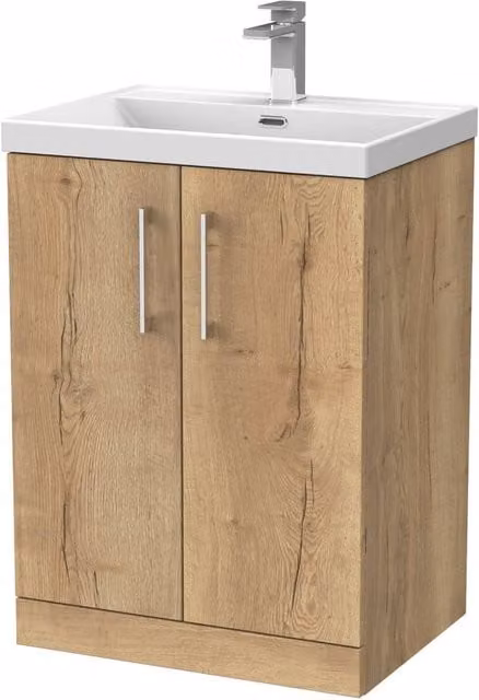 Balterley Pershall Contemporary Floor Standing 2 Door Bathroom Vanity Unit with Thin Edge Ceramic Basin, Autumn Oak, Width: 60 cm – 1