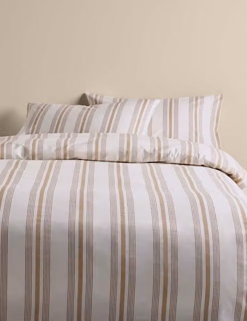 M&S Classic Striped Pure Cotton Bedding Set, Beige, W: 200 cm, H: 200 cm, W: 180 cm