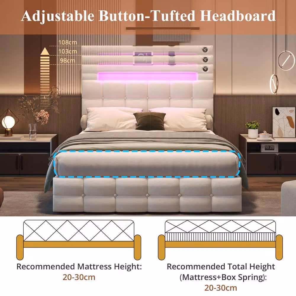 Matteo Double Ottoman Bed Frame in Beige Velvet with LED Lighting, USB Charging and Under-bed Storage, W/D/H: 140 x 200 cm – 5