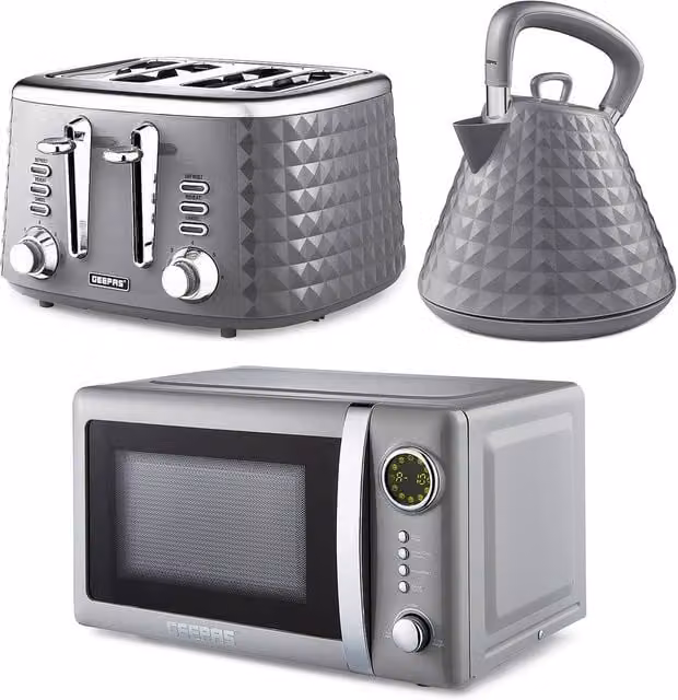 Geepas Grey Kitchen Appliance Set including 1.5L Pyramid Electric Kettle, 4 Slice Bread Toaster and 20L Digital Microwave – 1