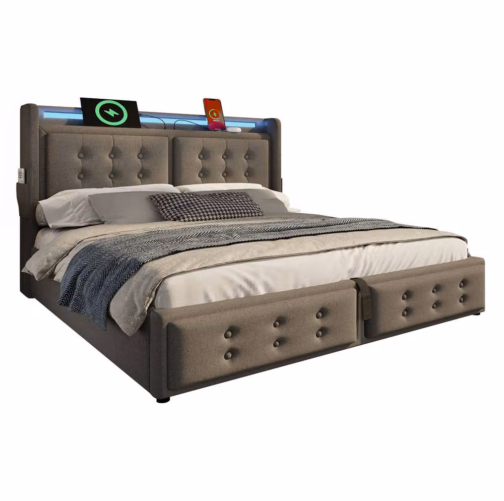 STILVORA Upholstered 4ft6 Double Bed with Storage, LED Lighting and USB Charging Port in Grey, W/D/H: 140 x 200 x 137 cm – 4
