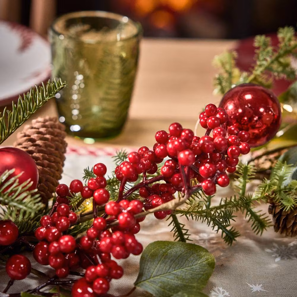 Dibor Berries and Baubles Pre-Lit Christmas Table Decor Garland in Green, Red and Gold, 150 cm – 4