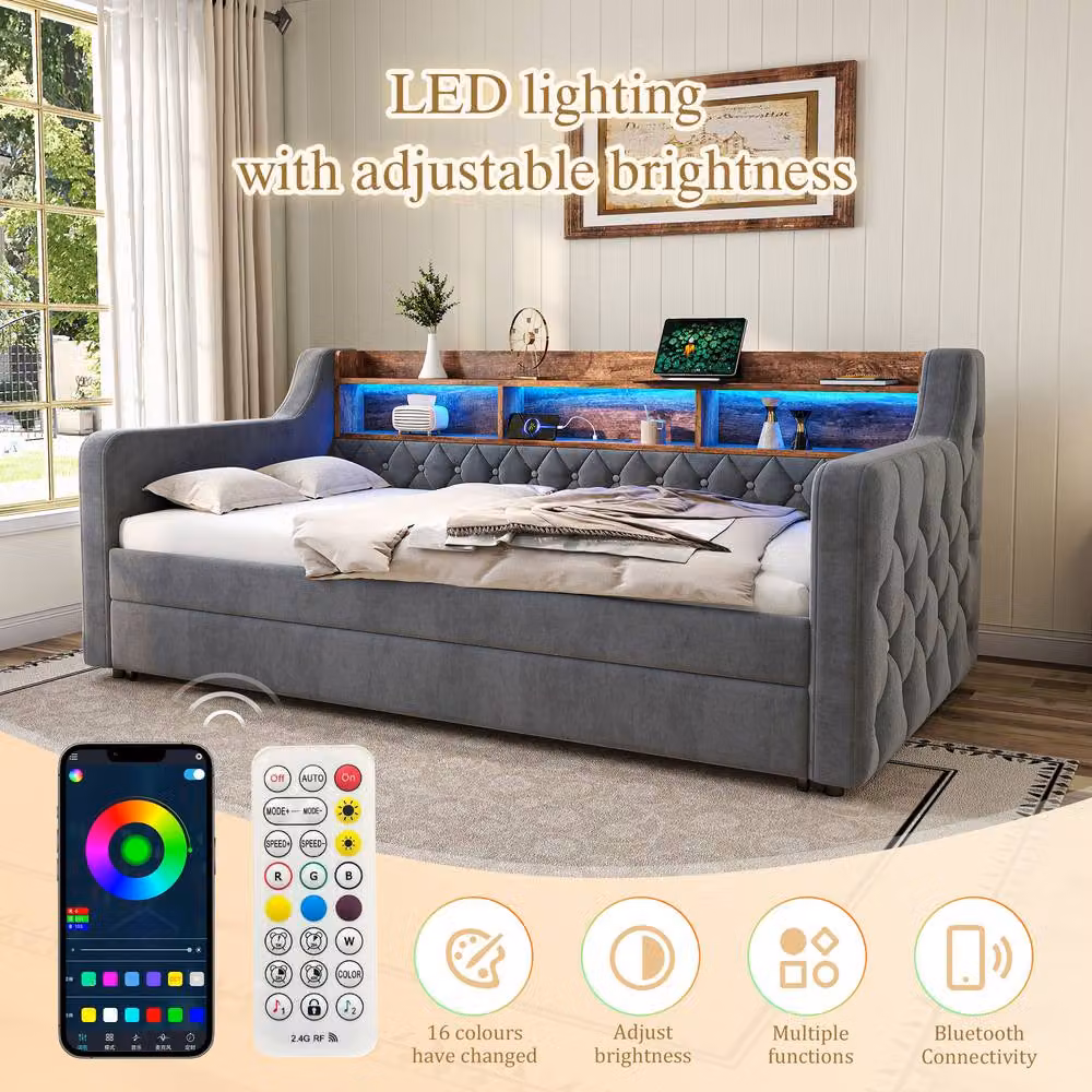 BTM Single Velvet Daybed with Storage, LED Under-Bed Lighting and USB-C Charging Port, Dark Grey, W/D/H: 190 x 90 x 48.2 cm – 4