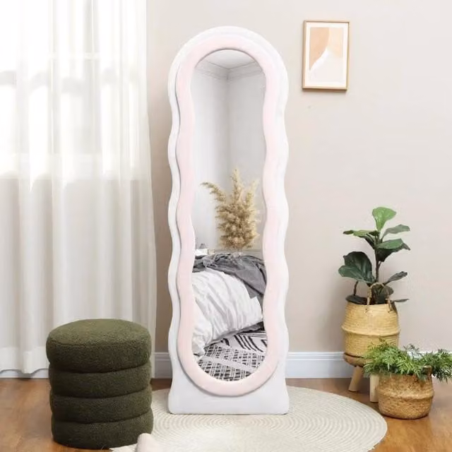 Chilli Seating Wavy Velvet Feel Full Length Freestanding Mirror in Pink