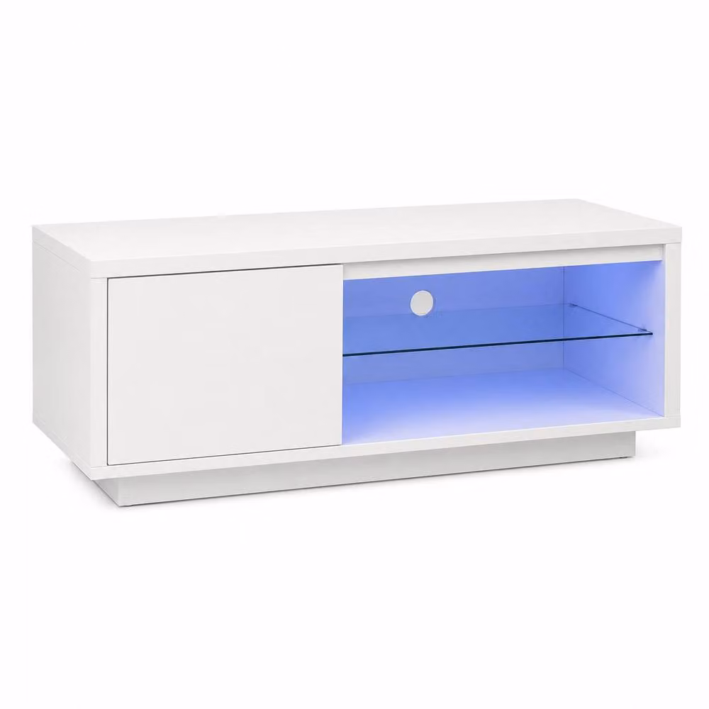 SPOT ON DEALZ Modern White Glossy TV Unit with Door, Storage Shelves and Integrated Lighting, W: 110.0 cm, D: 45.0 cm, H: 45.0 cm – 3