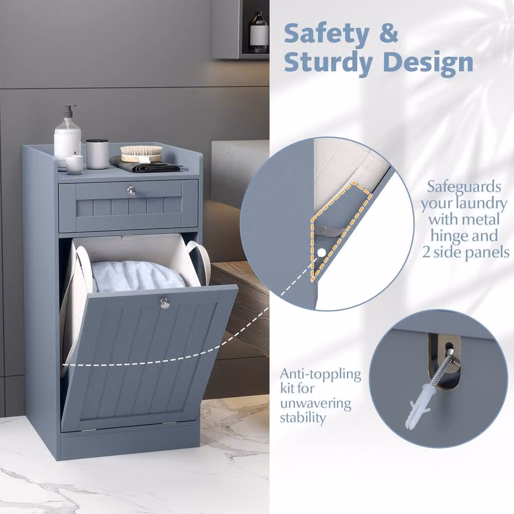 Costway Grey Bathroom Storage Cabinet with Tilt-Out Laundry Compartment and Internal Drawer – 5