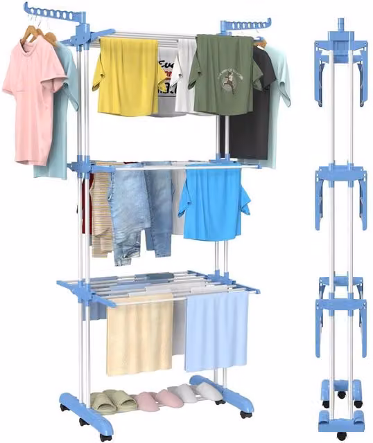 Dprodo 4-Tier Laundry Drying Rack in Blue with Wing Arms, Hooks and Wheels – 1