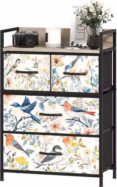 VOGREX Multicolour Floral Fabric 4-Drawer Chest with Metal Frame
