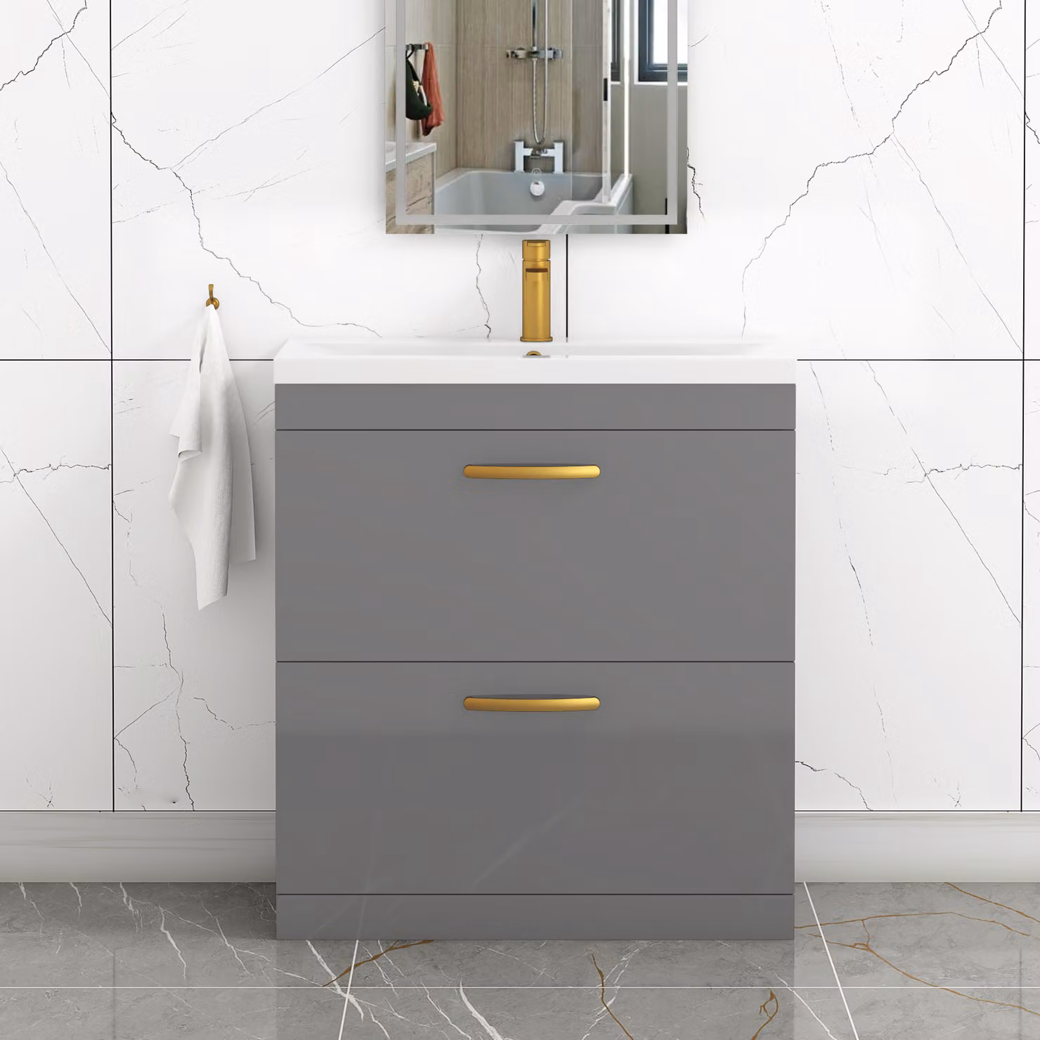 Royal Bathrooms Turin 800mm Floor Standing Mid-Edge Basin Vanity Unit in Indigo Grey Gloss with 2 Drawers and Brushed Brass Handles