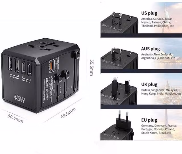 FDL 5 Port 45W Universal Worldwide Travel Adapter with USB-C and USB-A in Black