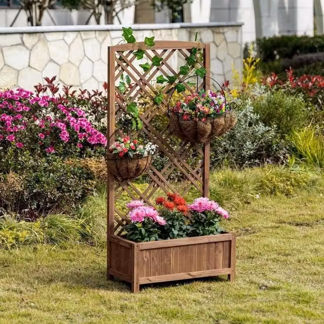KORVIXA Wooden Raised Garden Bed with Trellis in Brown, W/D/H: 122.5 x 53.5 x 30 cm – 1