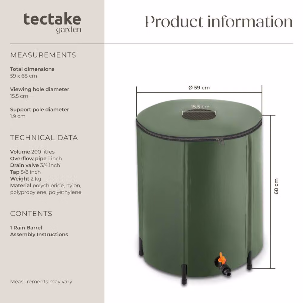 tectake Green Rain Barrel with Tap and Overflow Protection, 200 l – 4