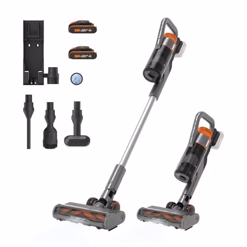 WORX WX038 20V PowerShare Cordless Bagless Stick Vacuum Cleaner in Silver with LED Headlight and Spare Battery