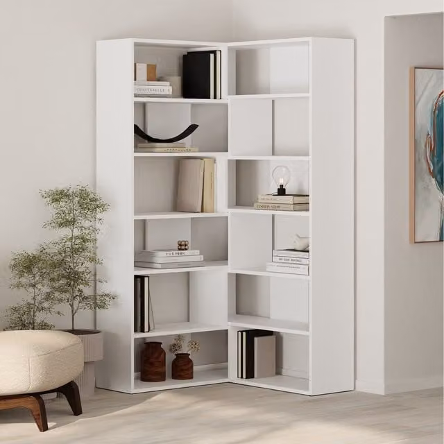 Decortie Molly Modern Corner Multipurpose Bookcase Unit No.4, White, H: 179.0 cm x W: 30.0 cm x D: 5.0 cm