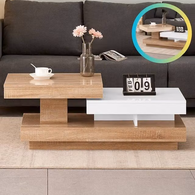 VOGREX Modern Oak Wooden Coffee Table with Rotating Top in Brown – 1