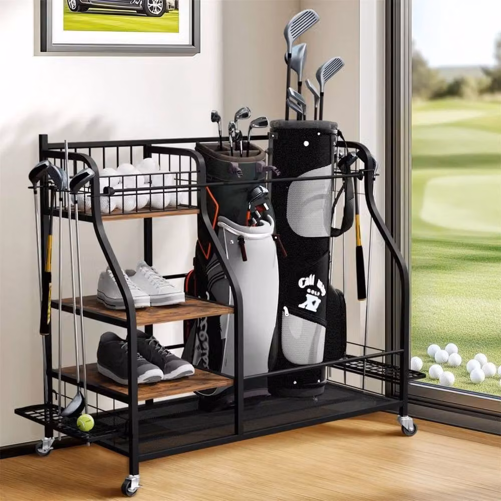 FLAVORA Mobile Golf Bag Storage Rack Holder in Black – 1