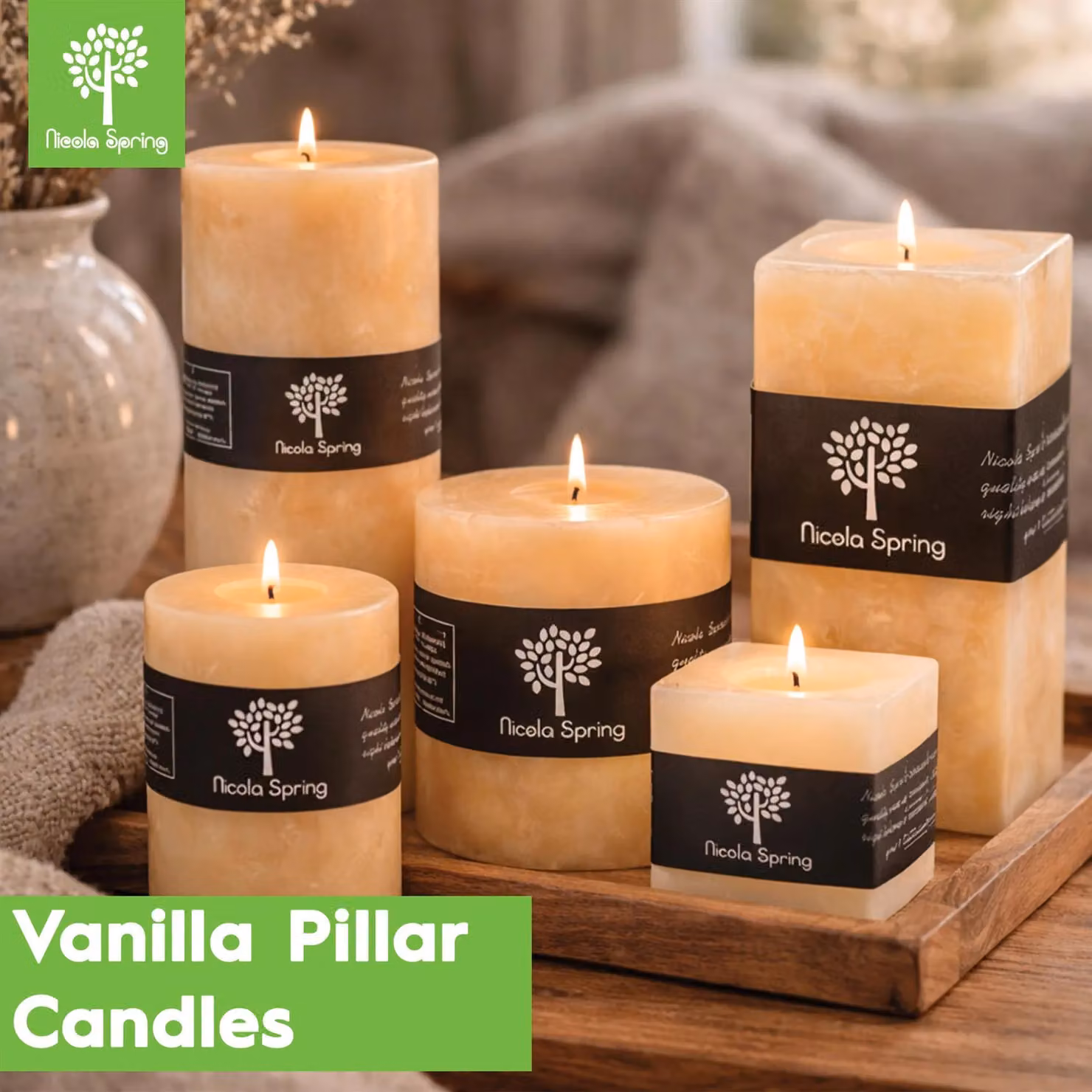 Nicola Spring Vanilla Scented Square Pillar Candle, Beige, 110 Hour Burn Time – 6