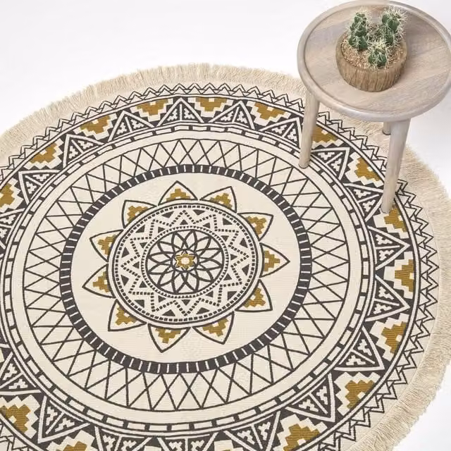 Homescapes Black and Gold Cotton Mandala Printed Round Rug with Fringes