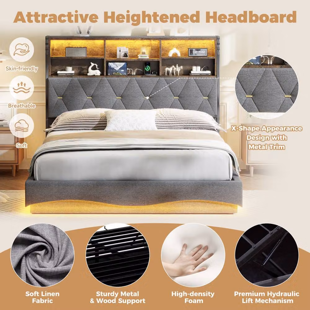 ModernLuxe Upholstered King Ottoman Bed in Grey with LED Headboard and USB Charging Port, W/D/H: 154 x 200 x 30 cm – 6