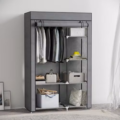 HOMCOM Fabric Wardrobe with Hanging Rod and Internal Shelves, Grey, W/D/H: 103 x 43 x 162.5 cm – 2