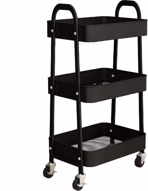 Simpa 3 Tier Metal Multipurpose Wheeled Storage Tray Cart in Black, H 78.5 x W 46 x D 30.5 cm