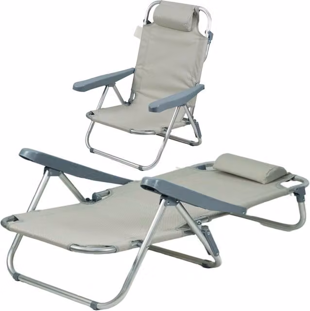 Gr8 Garden Adjustable Folding Beach Chair Lounger in Grey with Armrests and Adjustable Headrest