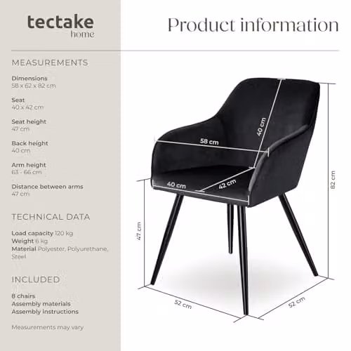 tectake Set of 8 Marilyn Dining Chairs in Black Velvet with Armrests and Metal Legs – 3