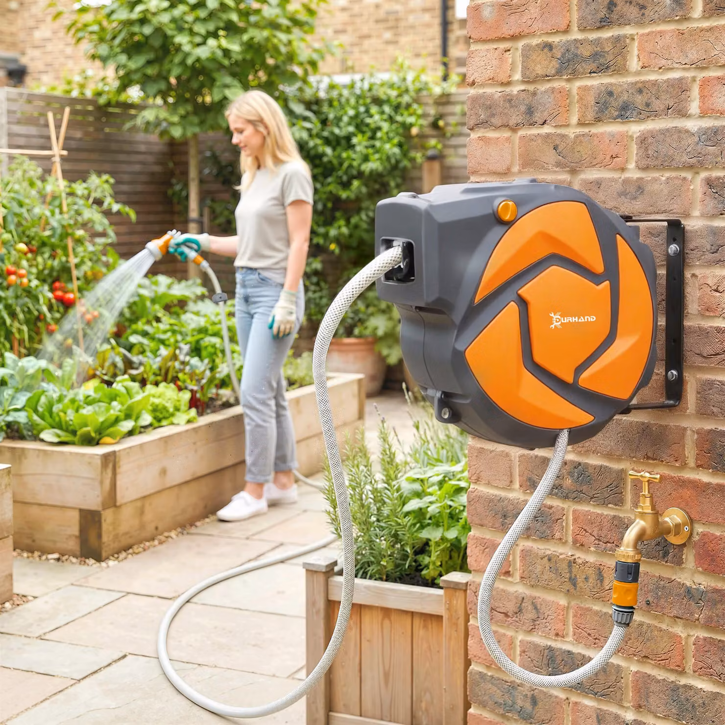 DURHAND Wall Mounted Auto Rewind Garden Hose Reel with 7 Pattern Spray Nozzle, Orange – 2