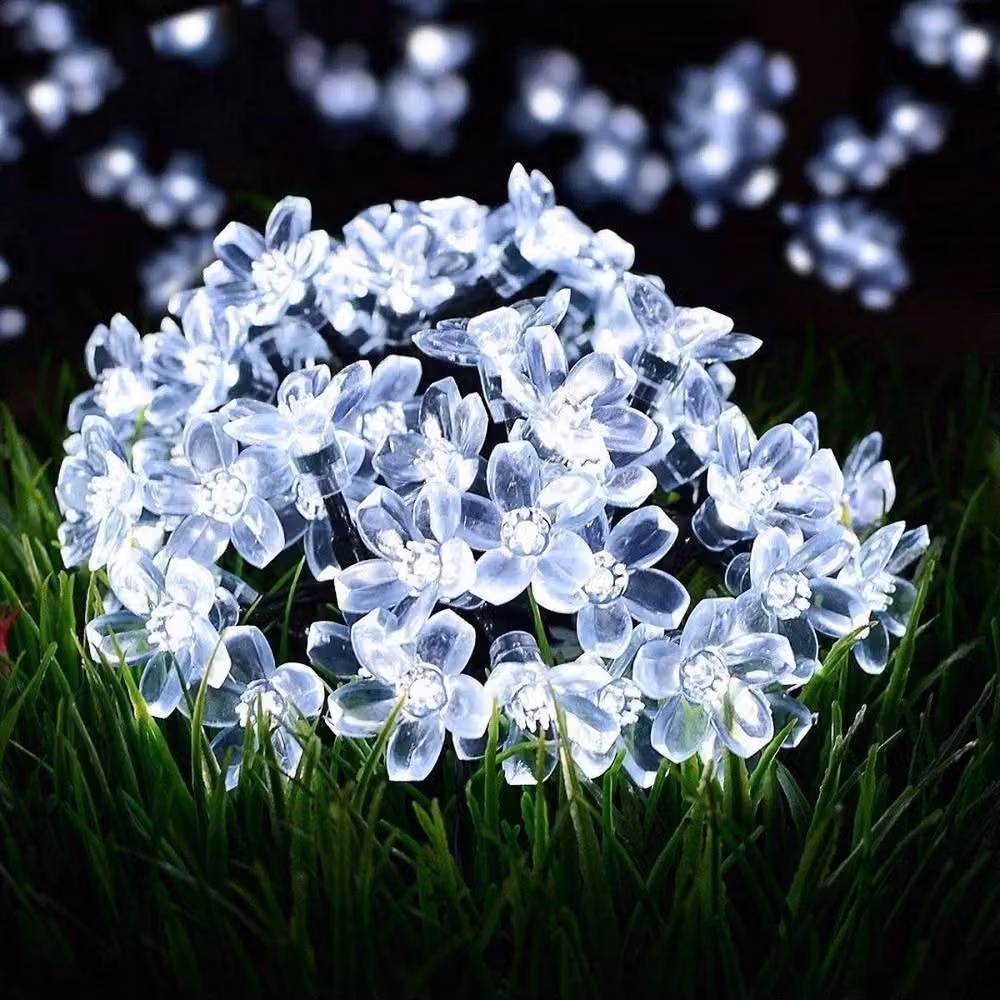 SPETLEK 50 LED Solar Powered Flower Garden String Lights in Cool White Transparent Plastic – 3