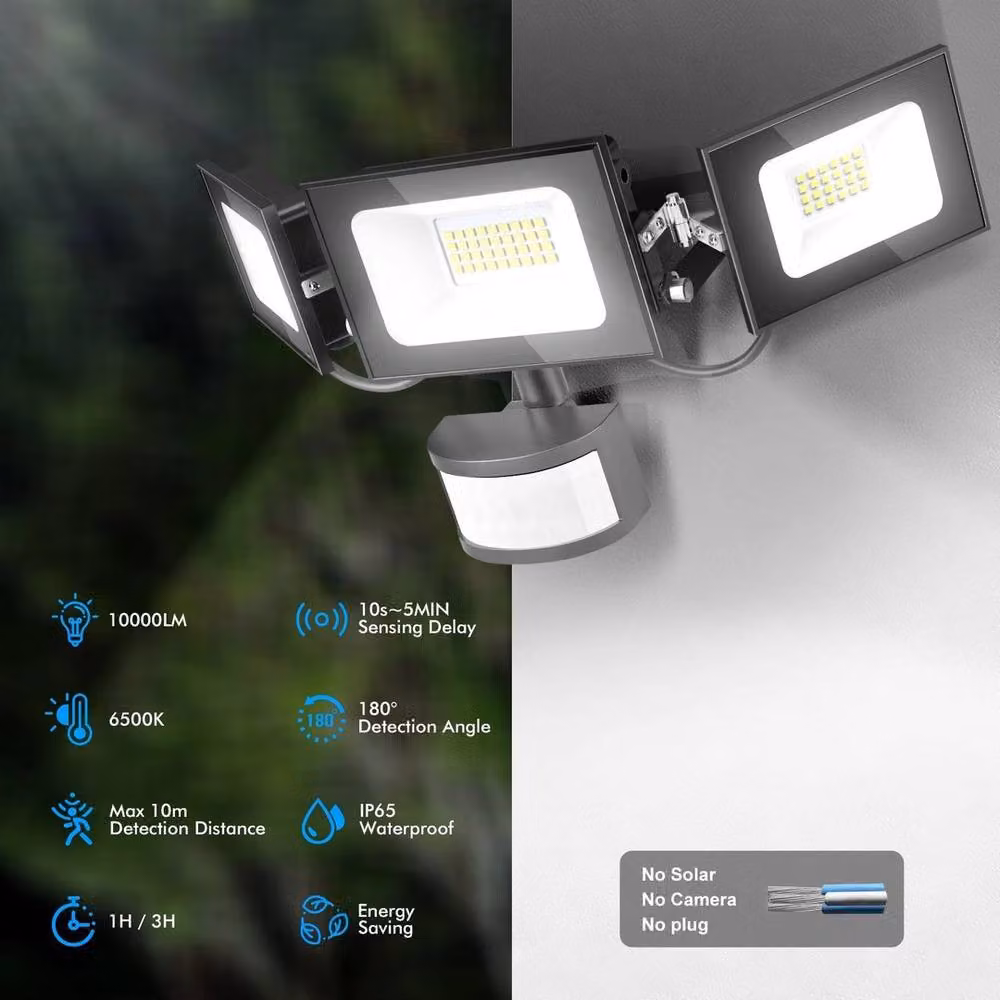 KORVIXA 100W 3 Head LED Security Floodlight with PIR Motion Sensor and Remote Control in Black – 3