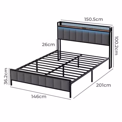 Levede King Size Upholstered Bed Frame in Grey with USB Charging Ports, Under-Bed LED Lighting and Side Compartments, W/D/H: 180 x 200 cm – 2