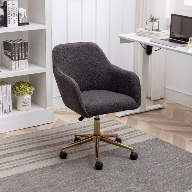 Direct Wicker Modern Bouclé Fabric Swivel Home Office Task Chair in Dark Grey with Gold Accents