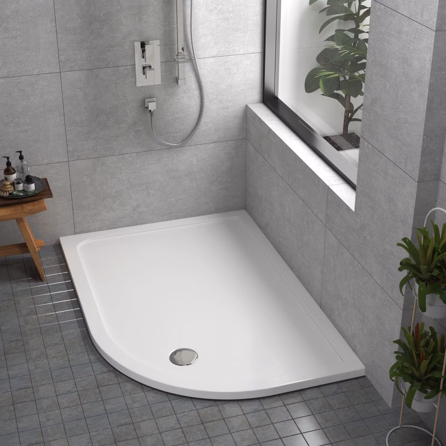Apex Right Handed Offset Quadrant Stone Shower Tray, White, W/D/H: 120 x 80 x 3 cm