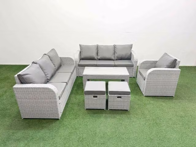 Fimous 9 Seater Poly Rattan Outdoor Garden Furniture Set in Light Grey with Oblong Coffee Table, 3 Seater Sofas, Reclining Chairs and Ottomans