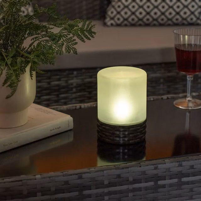 ValueLights Rattan Solar Powered Outdoor Garden Table Lamp with Glass Shade in Brown – 5