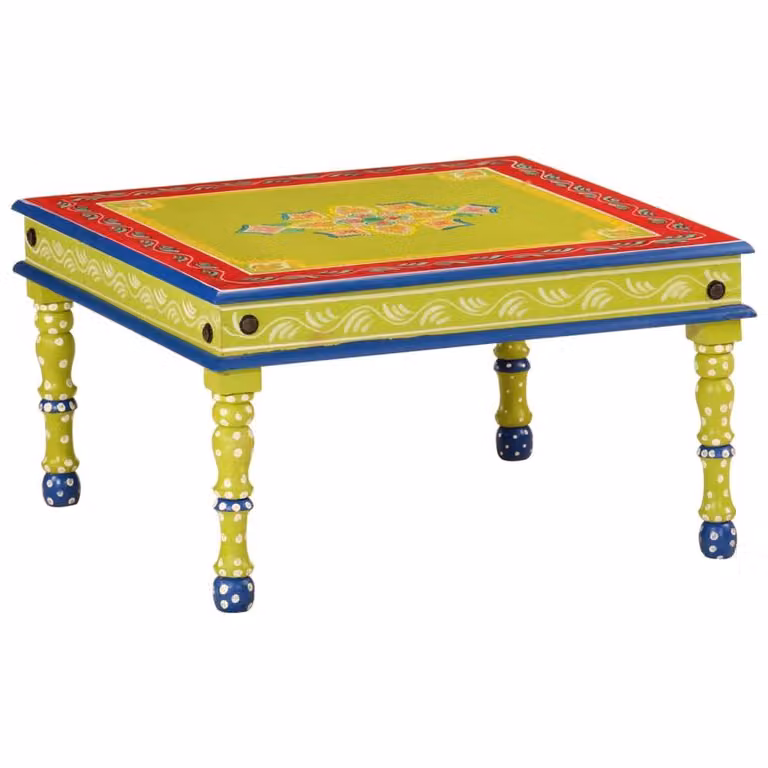 Berkfield Home Beautiful Green Hand Painted Floral Solid Mango Wood Coffee Table W/D/H: 54 x 54 x 30 cm