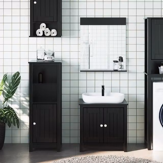 Berkfield Home BERG 3 Piece Black Solid Pine Bathroom Furniture Set with Vanity Unit and Mirror Cabinet