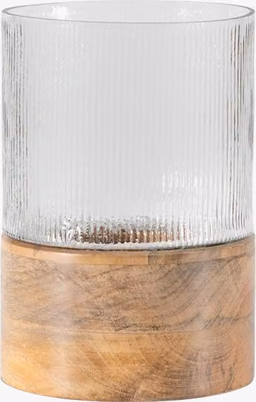 Perch & Parrow Harrow Hurricane Lamp Large in Transparent Glass and Wood