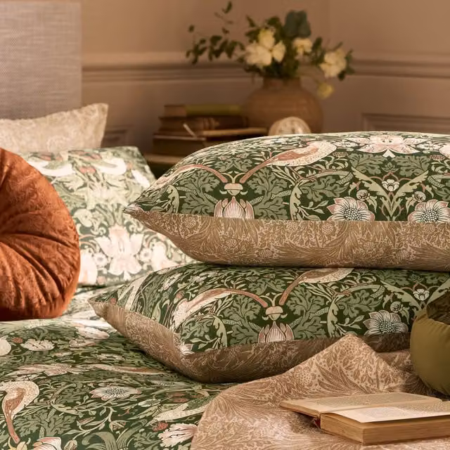 William Morris At Home Strawberry Thief Reversible Mako Satin Cotton Pillowcase in Green, Orange and Multicolour Floral Design