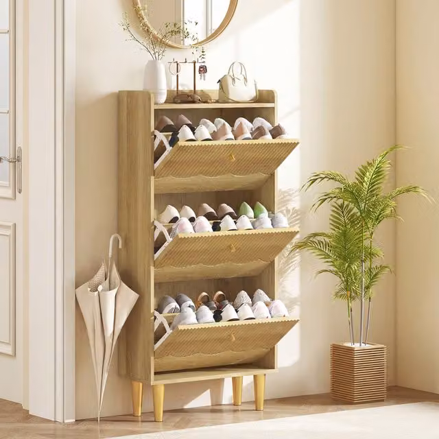 HOMCOM Narrow Oak Shoe Cabinet with 3 Tilting Compartments