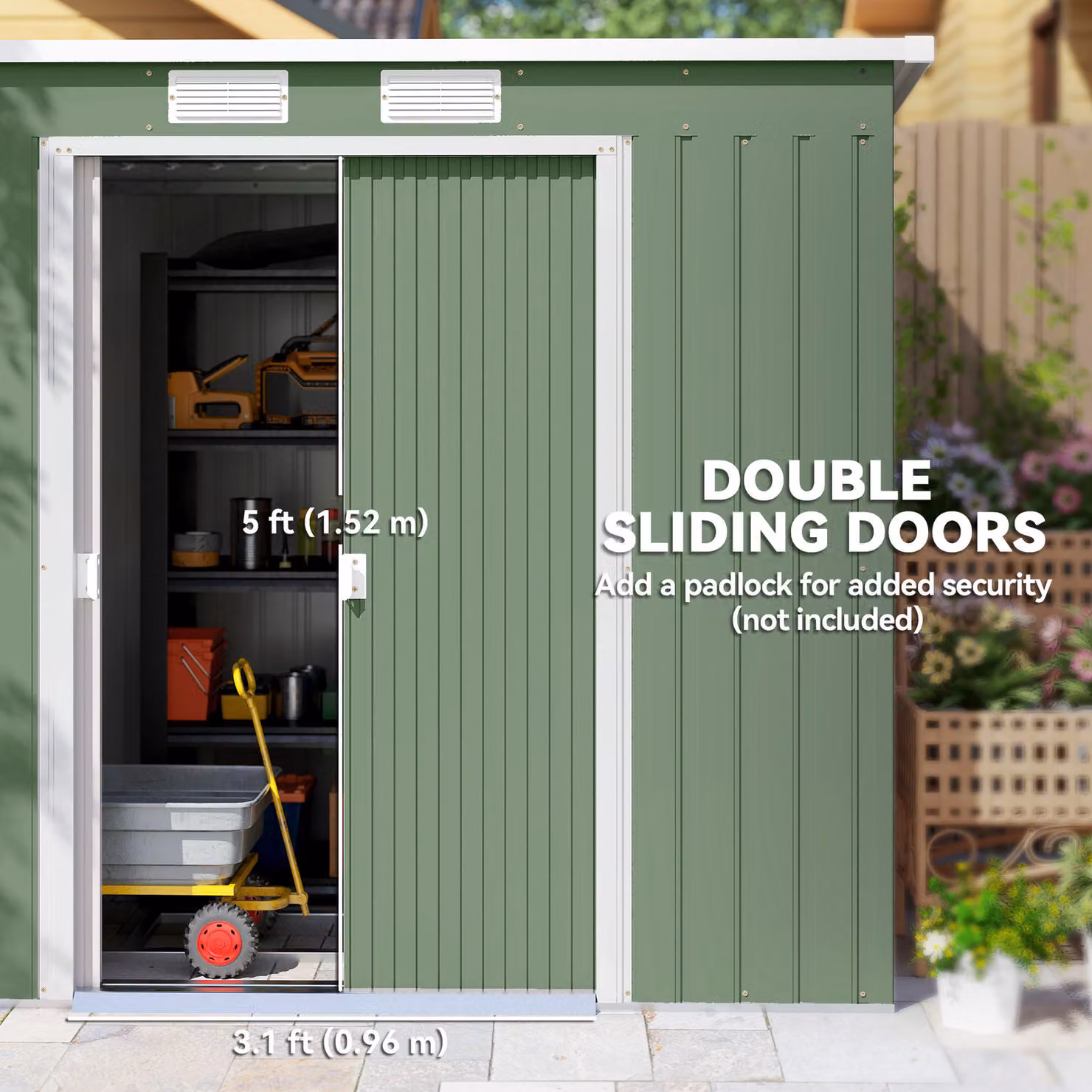 Outsunny Green Pent Garden Storage Shed with Sloped Roof, Window and Foundation, W/D/H: 213 x 130 x 173 cm – 4