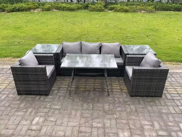 Fimous 5 Seater Rattan Outdoor Garden Dining Set in Dark Grey with Oblong Dining Table, 2 Armchairs and 2 Side Tables