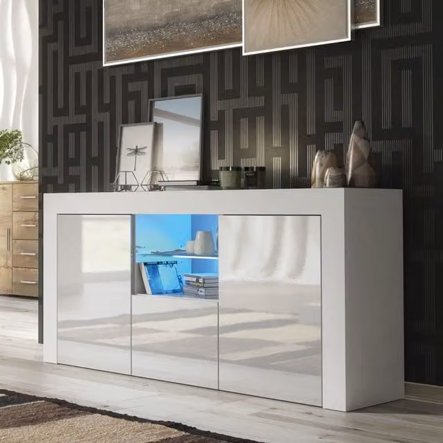 Mex Furniture LTD Modern White Gloss Sideboard with Integrated LED Lighting, W: 145 cm, D: 35 cm, H: 70 cm – 1
